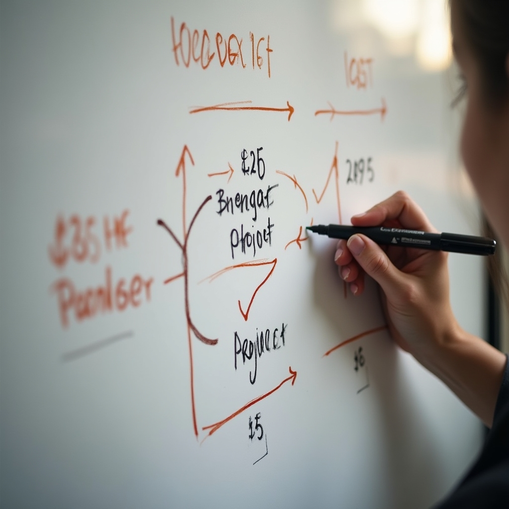 Structură de costuri pe faze desenată pe un whiteboard alb-negru