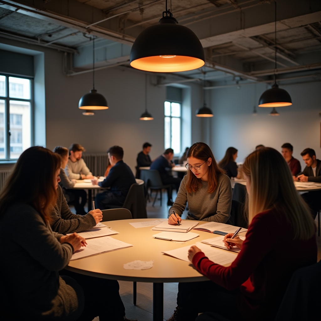 Vedere de ansamblu asupra sălii de workshop cu echipe lucrând la mese separate